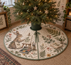 Round quilted tree skirt with center opening and a printed rabbit artist among ferns and flowers.