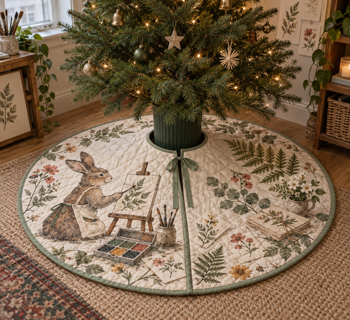 Round quilted tree skirt with center opening and a printed rabbit artist among ferns and flowers.