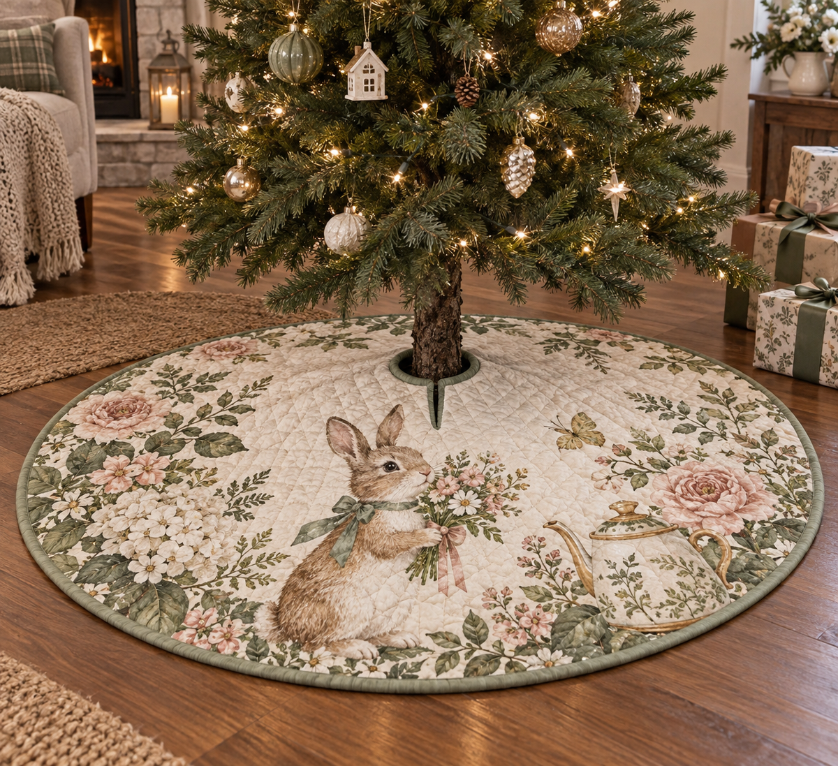 Round quilted tree skirt with center opening and rabbit bouquet and botanical artwork.