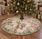 Round quilted tree skirt with center opening and rabbit bouquet and botanical artwork.
