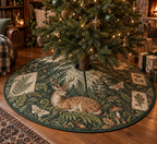 Round quilted tree skirt with center opening and deer, fern and tiny moth folio artwork.