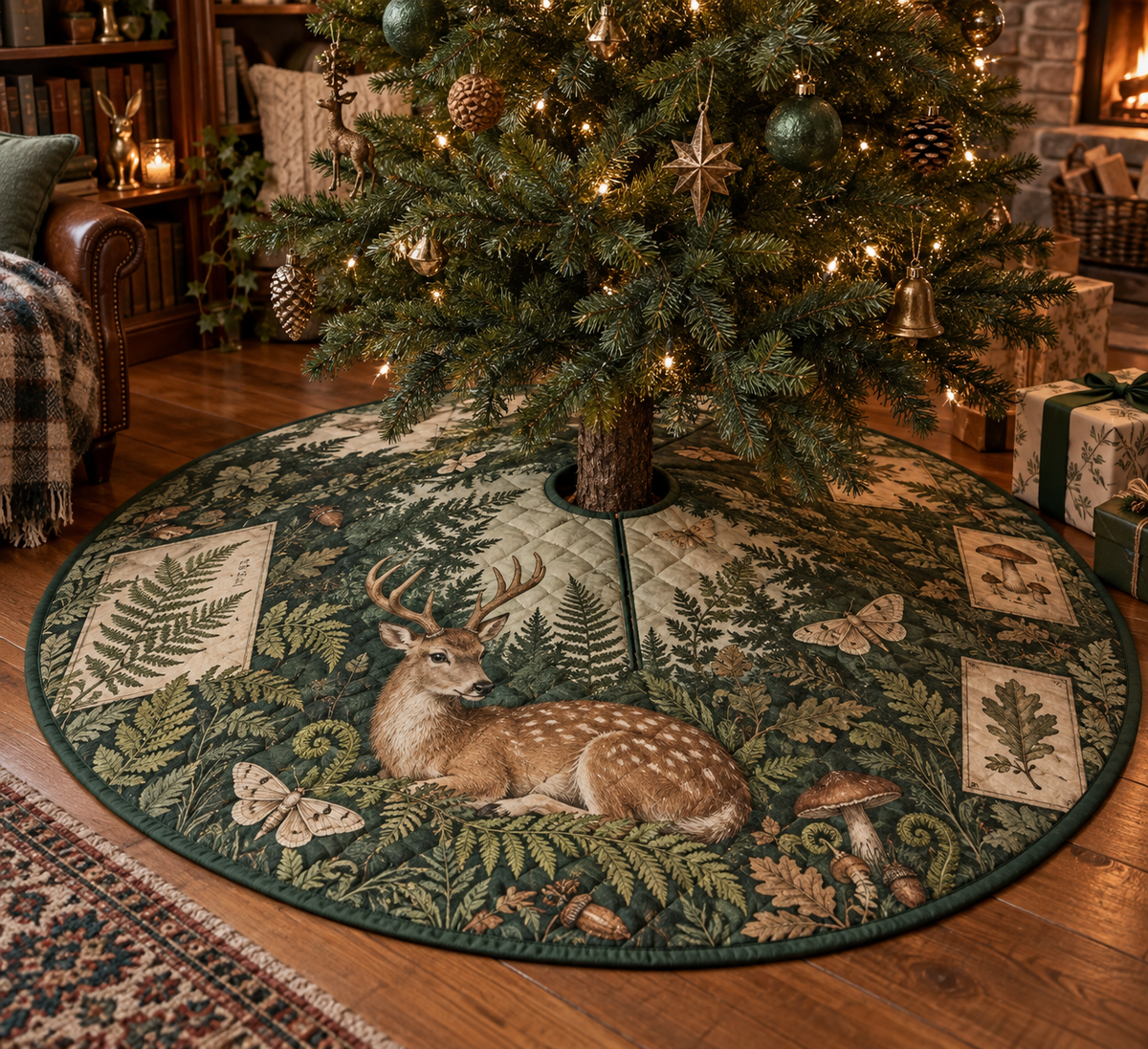 Round quilted tree skirt with center opening and deer, fern and tiny moth folio artwork.