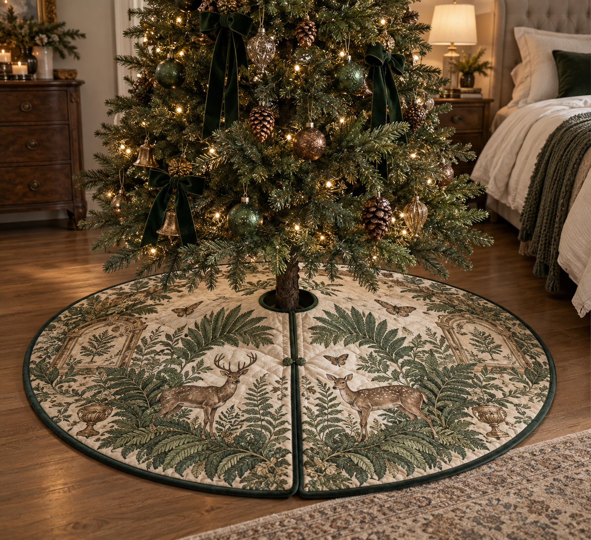 Round quilted tree skirt with center opening, rear slit and bedside deer-and-fern folio art.