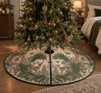 Round quilted tree skirt with center opening, rear slit and bedside deer-and-fern folio art.