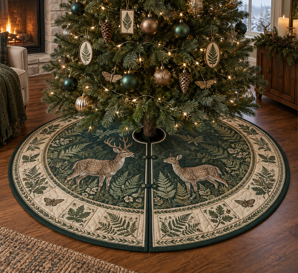 Round tree skirt with a center opening, rear slit and deer-pair botanical artwork.