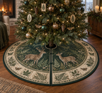 Round tree skirt with a center opening, rear slit and deer-pair botanical artwork.