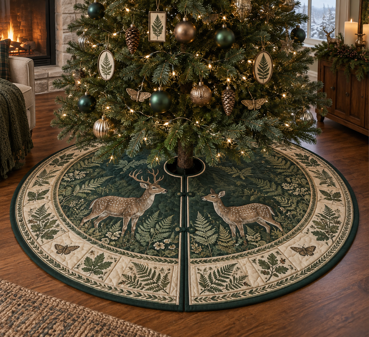 Round tree skirt with a center opening, rear slit and deer-pair botanical artwork.