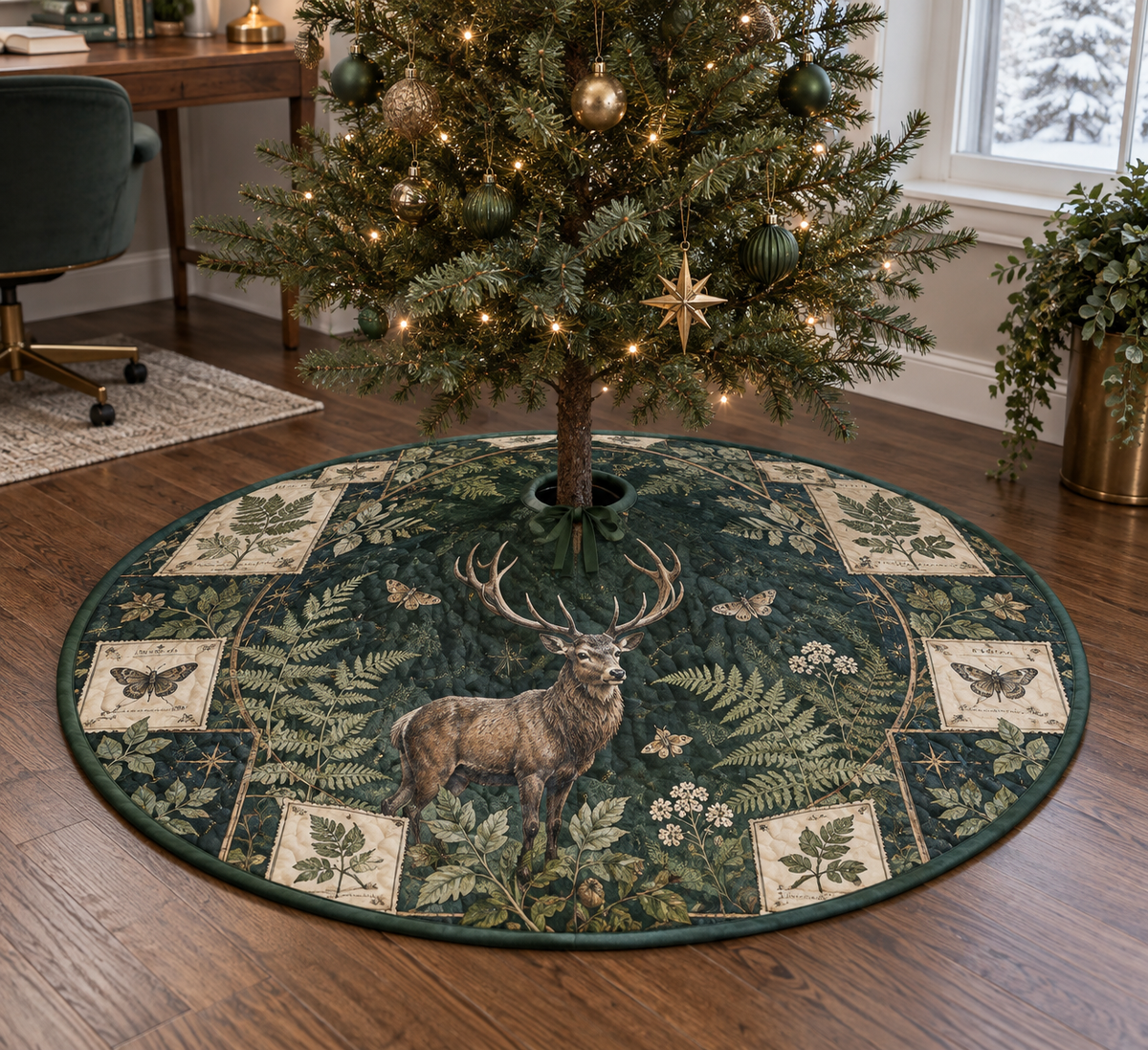 Round tree skirt with stag, fern print, center opening and rear slit.