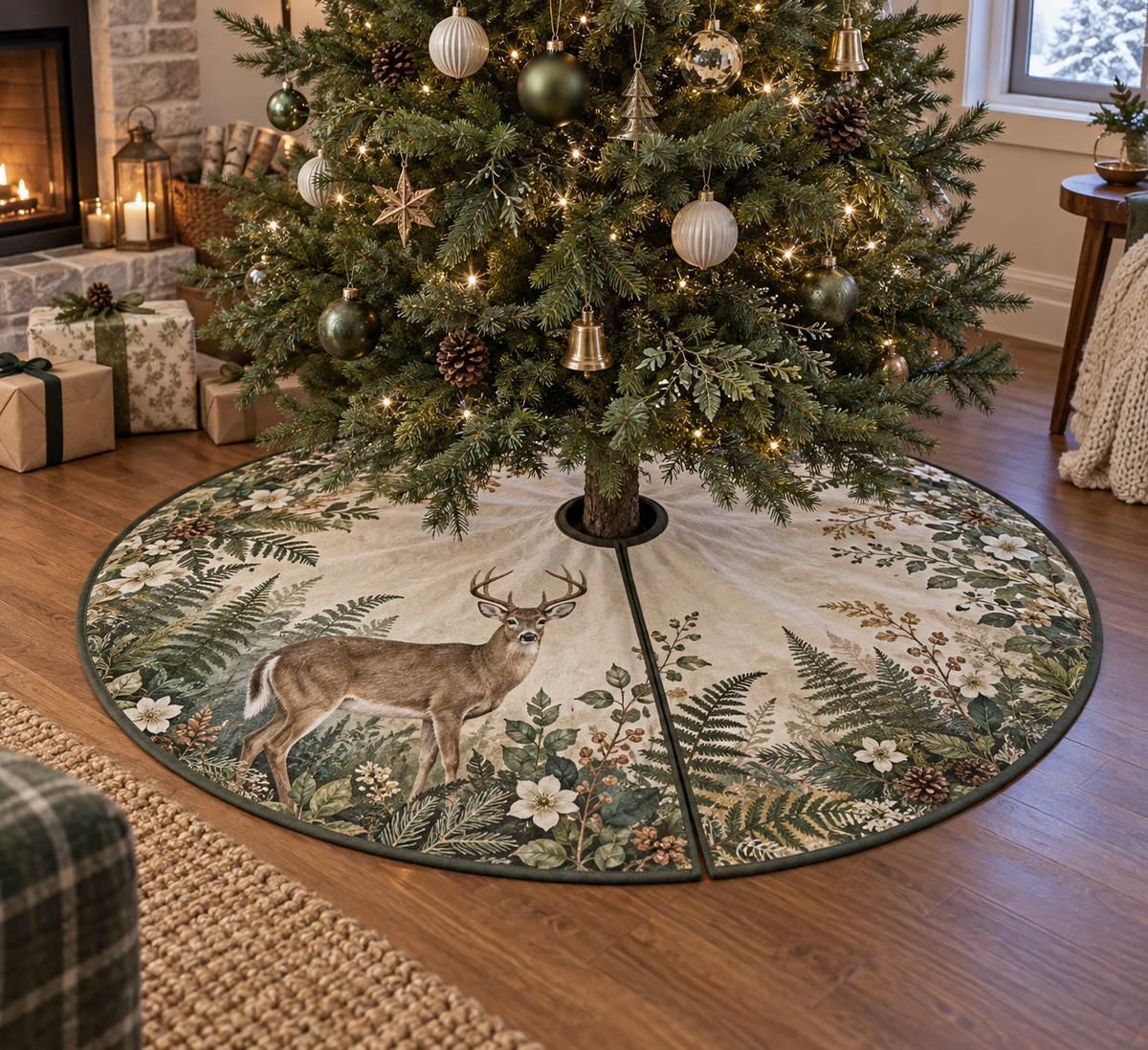 One round tree skirt with center opening and radial slit beneath a decorated tree.
