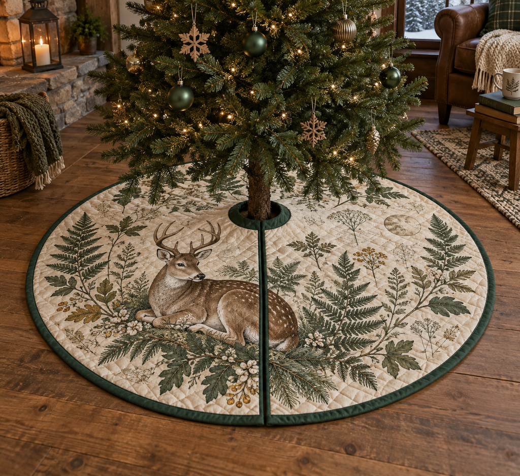 One round tree skirt with center opening and radial slit beneath a decorated fir tree.
