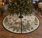 One round tree skirt with center opening and radial slit beneath a decorated fir tree.
