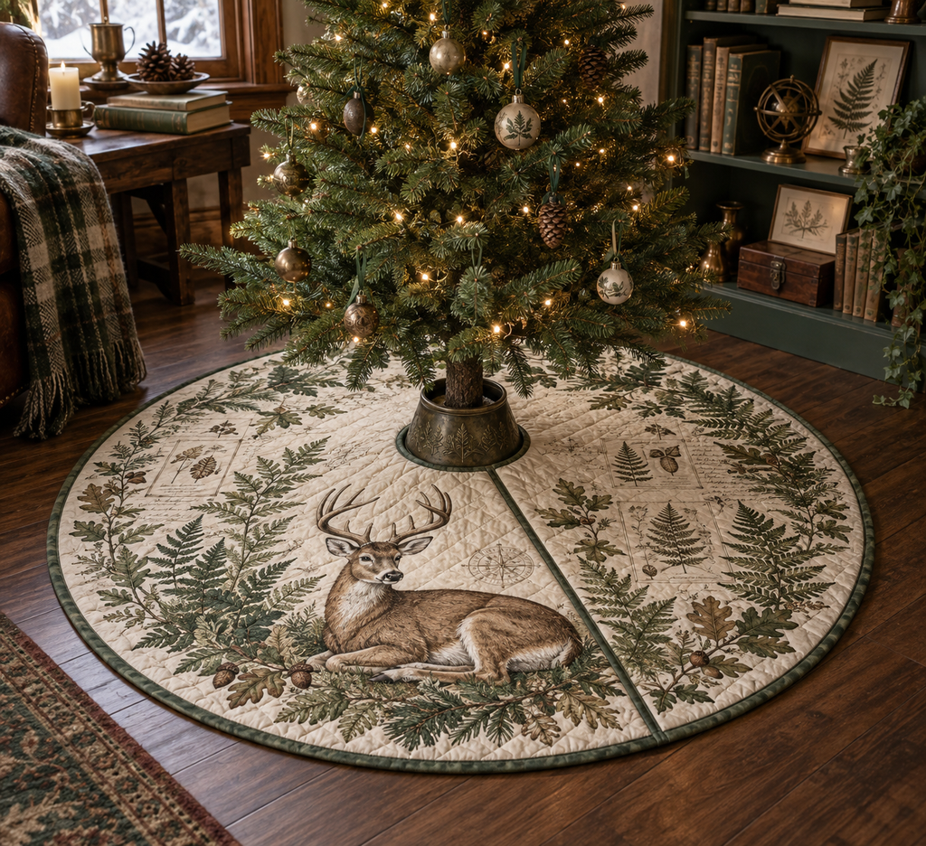 One round tree skirt with a resting deer print beneath a decorated tree.