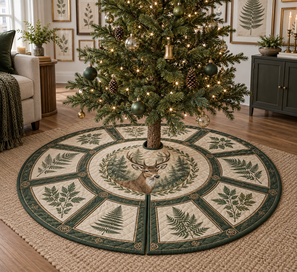 One round tree skirt with center opening and radial slit beneath a decorated fir tree.