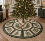 One round tree skirt with center opening and radial slit beneath a decorated fir tree.