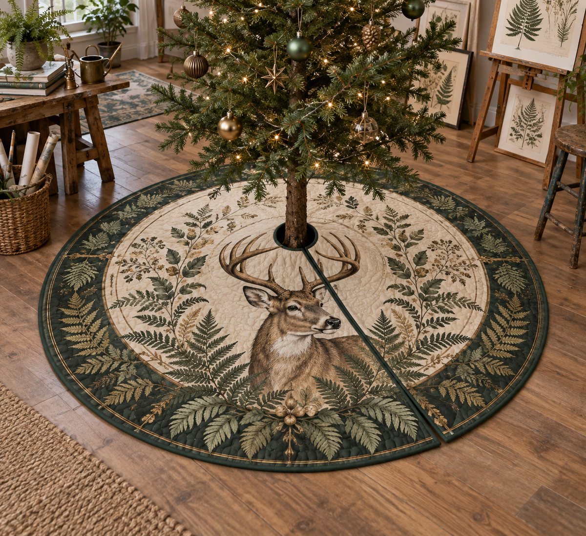 One round tree skirt with center opening and radial slit beneath a decorated fir tree.