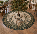 One round tree skirt with center opening and radial slit beneath a decorated fir tree.