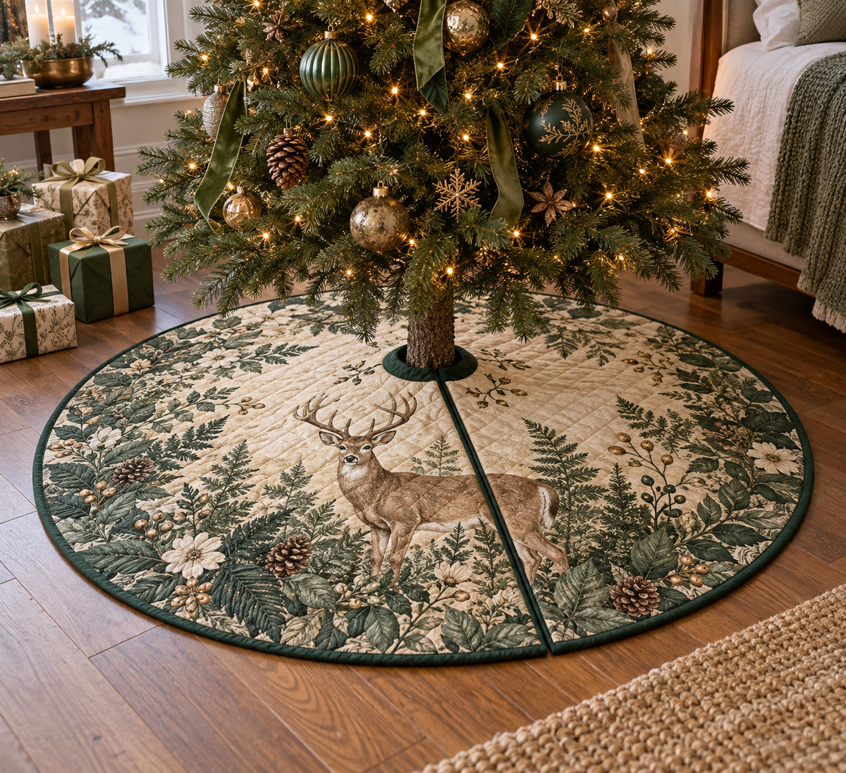 One round tree skirt with center opening and radial slit beneath a decorated tree.