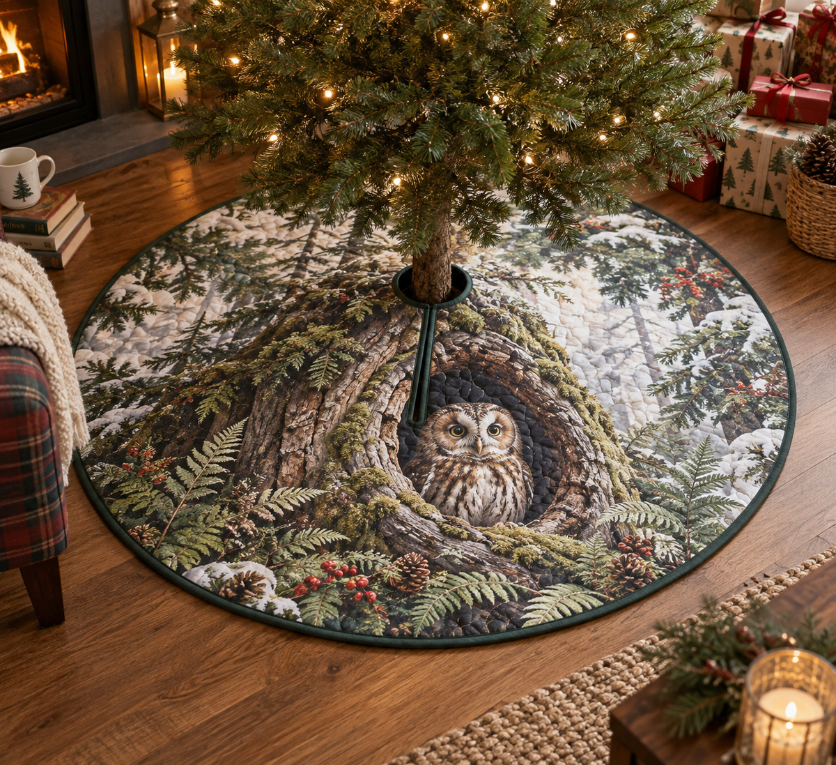 One round quilted tree skirt with a center opening and rear slit, printed with an owl in a fern-framed hollow beneath a tree.