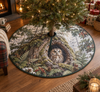 One round quilted tree skirt with a center opening and rear slit, printed with an owl in a fern-framed hollow beneath a tree.