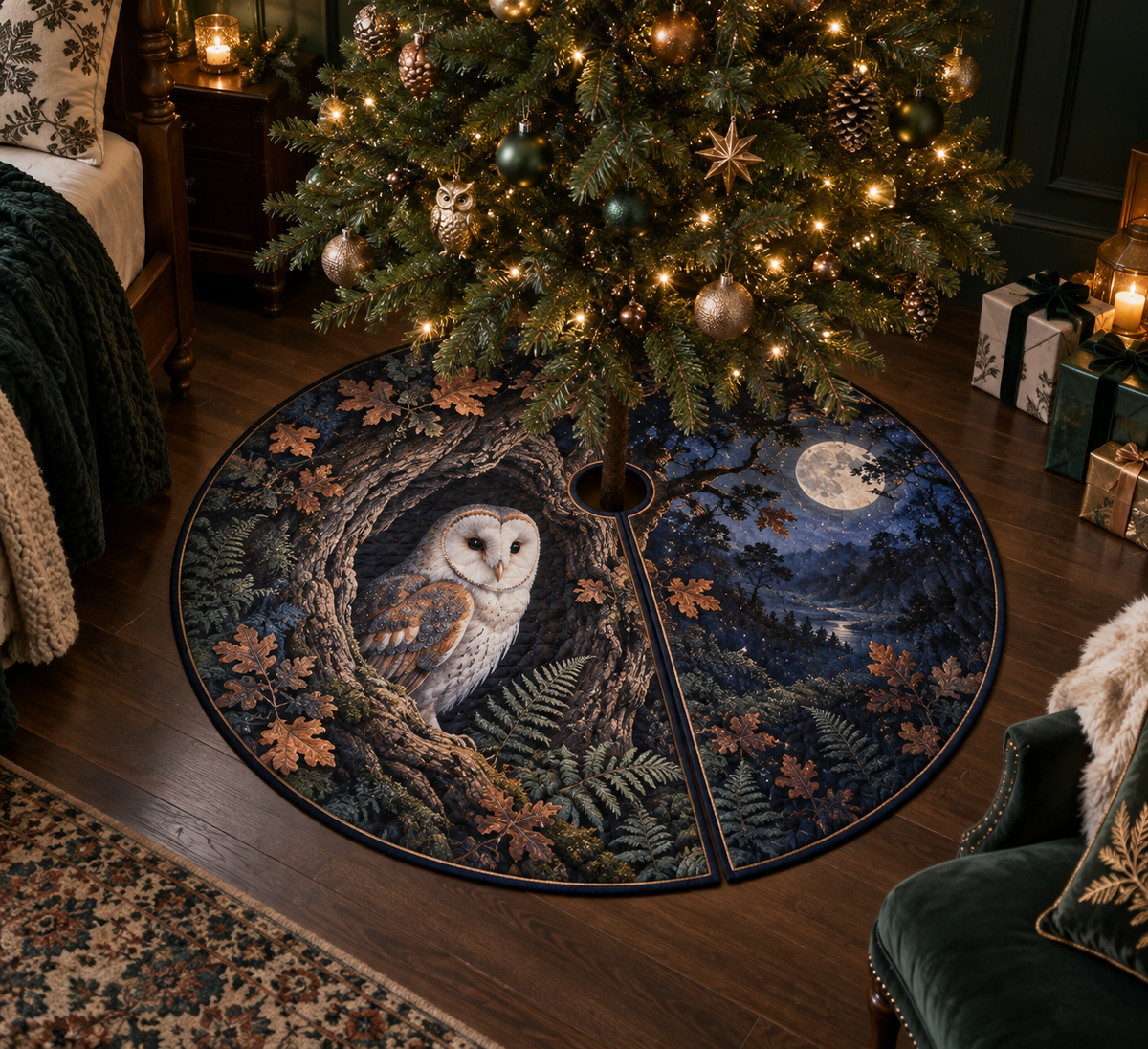 One round quilted tree skirt with center opening and radial slit, printed with a moonlit owl hollow.