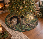 One round quilted tree skirt with a center opening and slit, printed with a great horned owl and ferns.