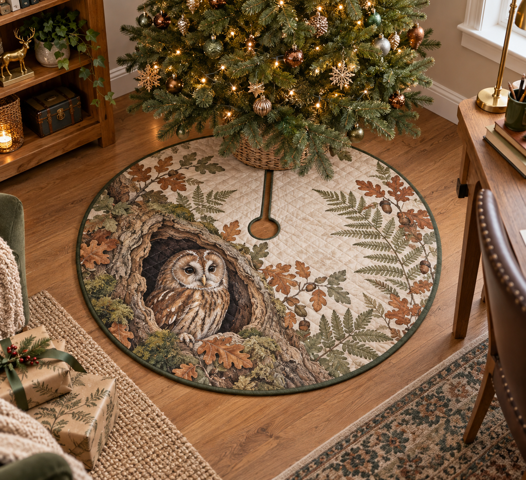 One round quilted tree skirt with opening and slit, printed with a tawny owl, ferns and copper leaves.