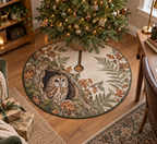 One round quilted tree skirt with opening and slit, printed with a tawny owl, ferns and copper leaves.