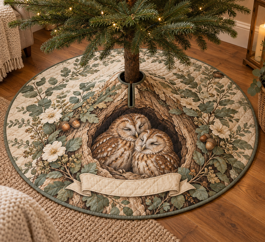One round quilted tree skirt with opening and slit, printed with two tawny owls, eucalyptus and a blank ribbon panel.
