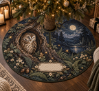 One round quilted tree skirt with opening and slit, printed with a peaceful tawny owl, moonlit ferns and a blank name panel.