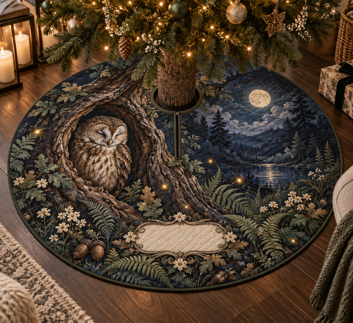 One round quilted tree skirt with opening and slit, printed with a peaceful tawny owl, moonlit ferns and a blank name panel.