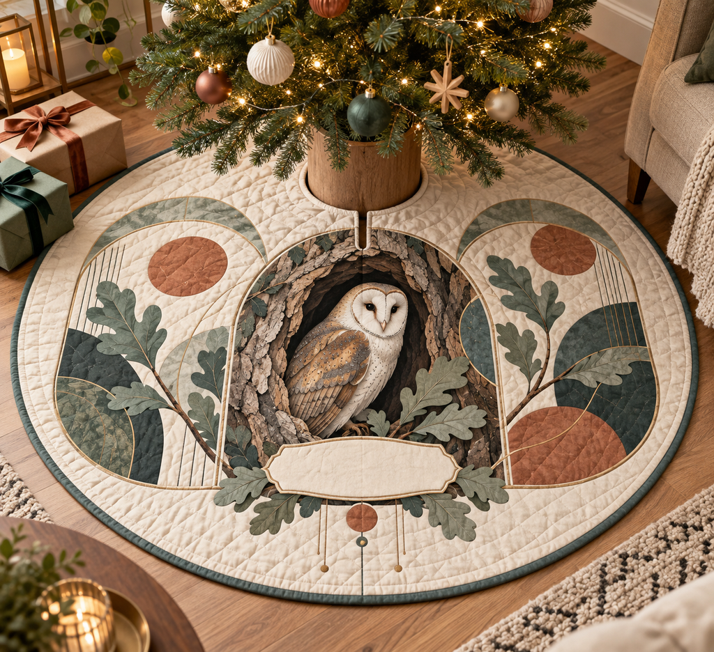 One round quilted tree skirt with opening and slit, barn owl, modern arched panels, sage leaves and blank name panel.