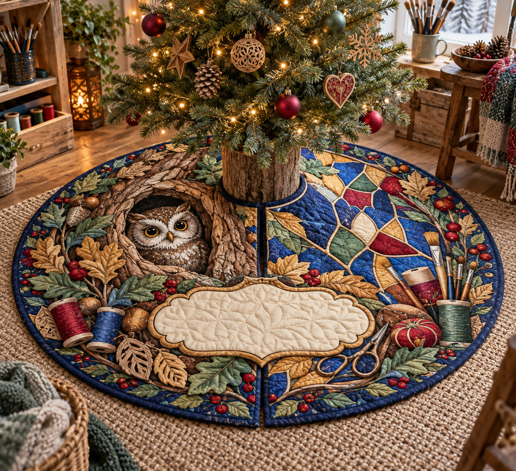 One round quilted tree skirt with opening and slit, little owl, art tools, thread spools, mosaic colors and blank studio panel.