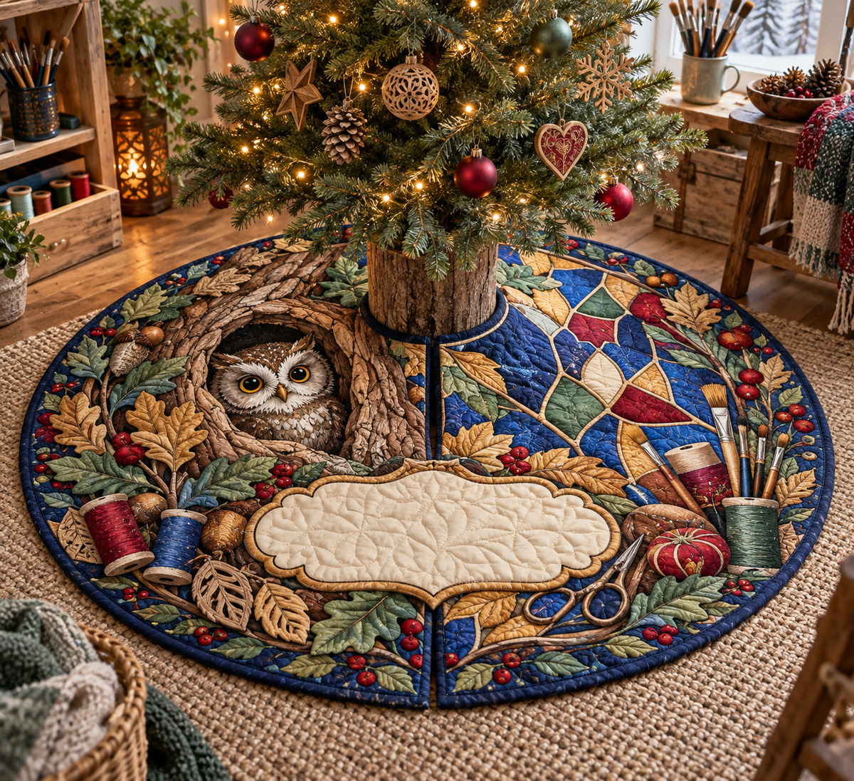 One round quilted tree skirt with opening and slit, little owl, art tools, thread spools, mosaic colors and blank studio panel.
