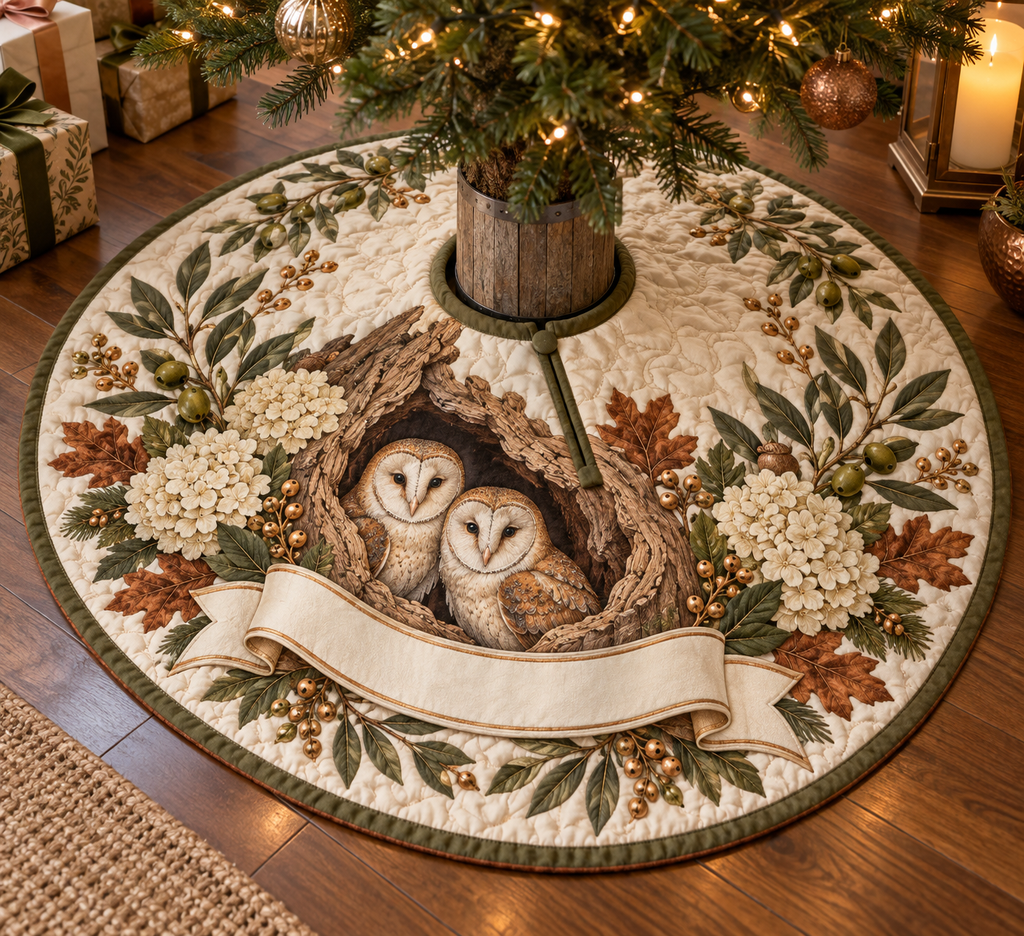 One tree skirt with two barn owls, oak hollow, olive branches, cream hydrangeas and a blank ribbon panel.