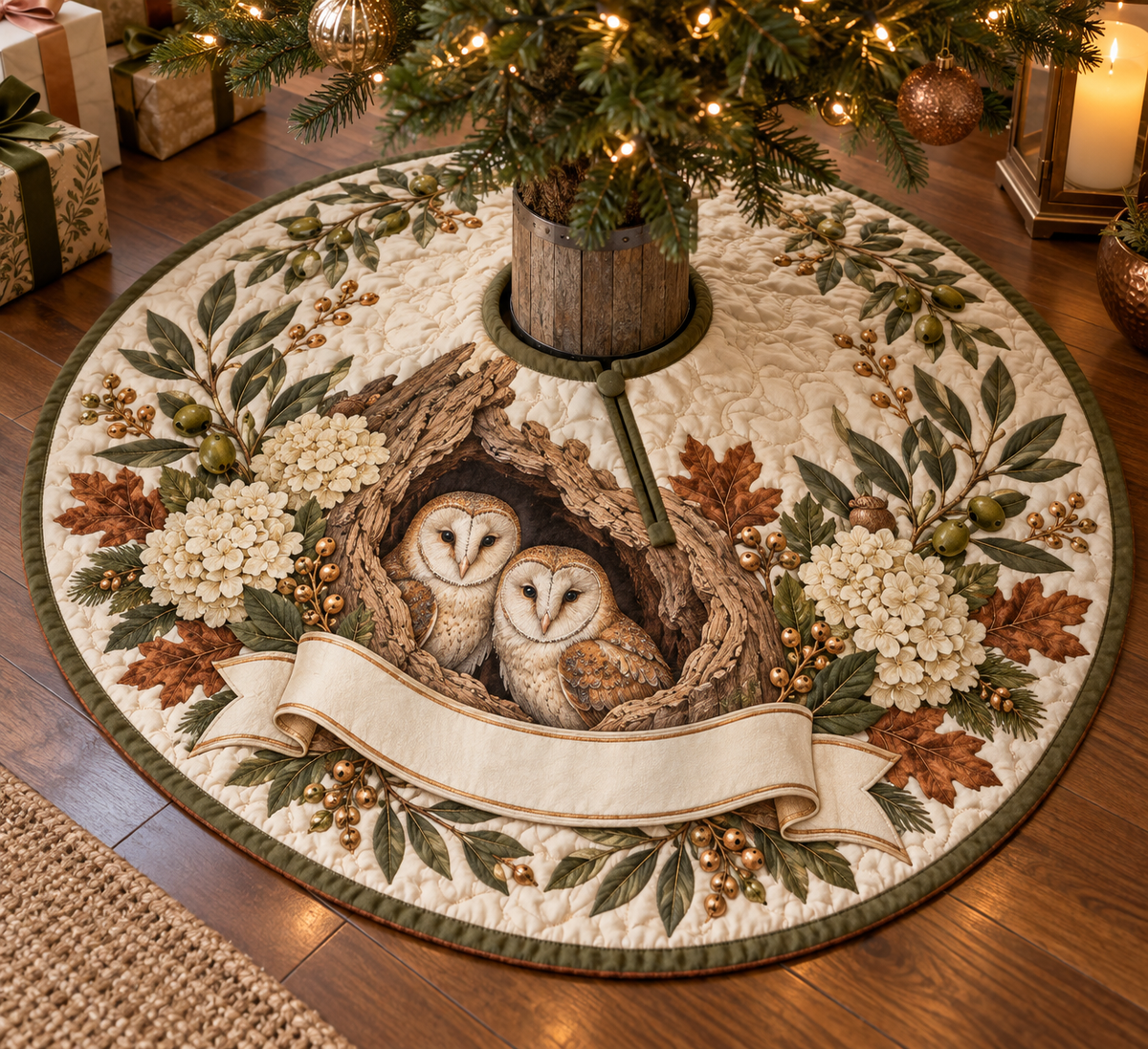 One tree skirt with two barn owls, oak hollow, olive branches, cream hydrangeas and a blank ribbon panel.