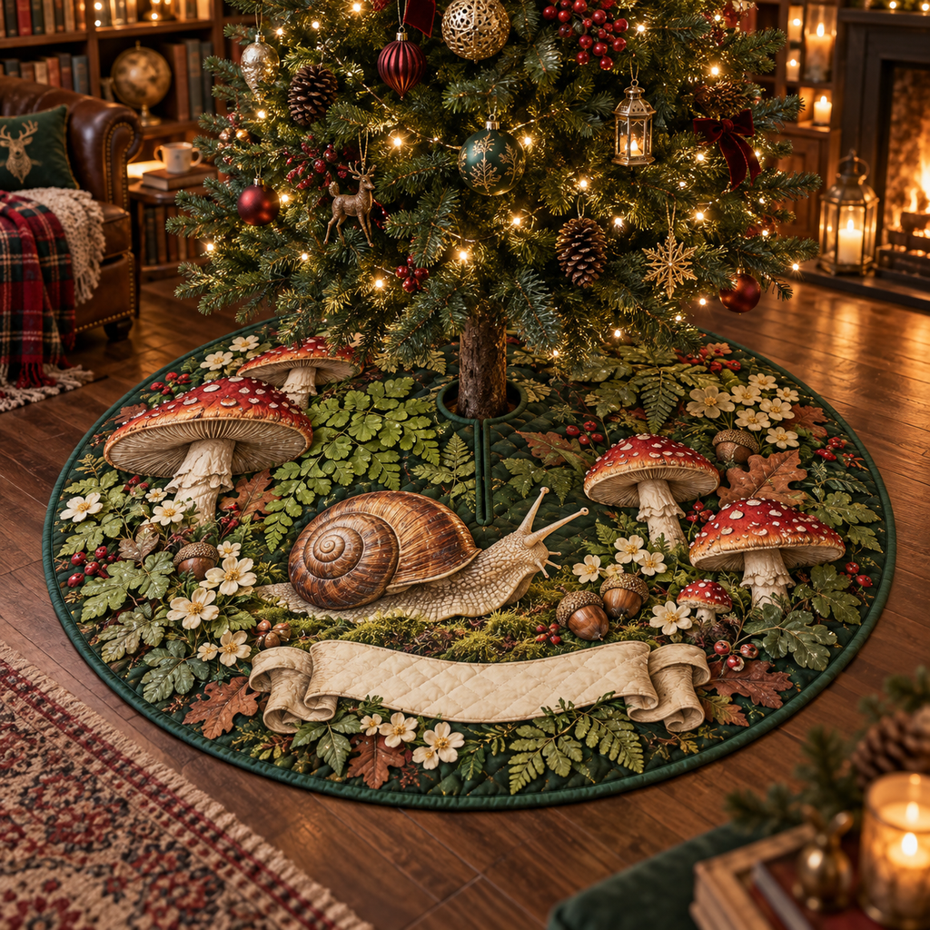 One tree skirt with a storybook snail, red toadstools, moss, ferns, cream flowers and a blank scroll panel.