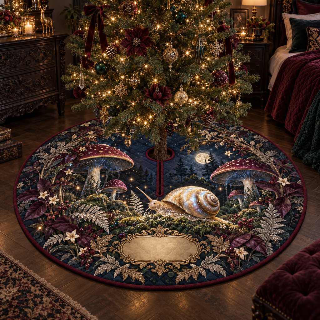 One tree skirt with a pearl-shell snail, moonlit toadstools, silver ferns, plum leaves and a blank gold cartouche.
