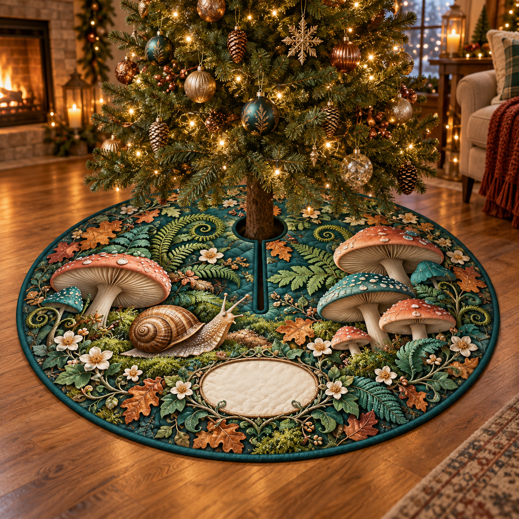 One tree skirt with a copper-shell snail, coral and teal toadstools, ferns, amber leaves and a blank oval plaque.