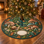 One tree skirt with a copper-shell snail, coral and teal toadstools, ferns, amber leaves and a blank oval plaque.