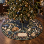 One tree skirt with an amber-shell snail, indigo toadstools, sage ferns, parchment leaves and a blank bookplate.