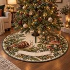 One tree skirt with a chestnut-shell snail, sage toadstools, cottage doorway, wildflowers and a blank ivory ribbon.