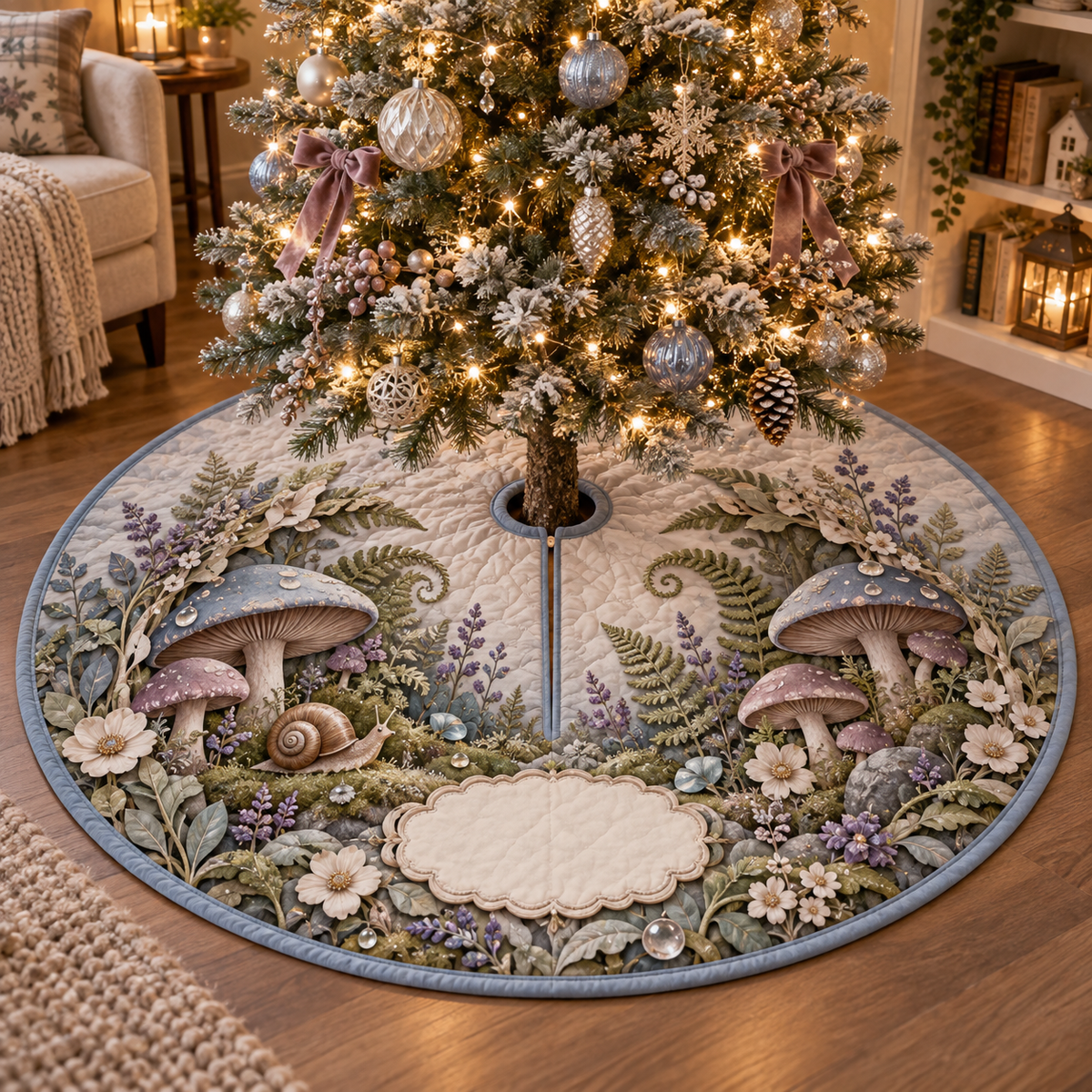 One tree skirt with a resting snail, dusty-blue and mauve toadstools, lavender, ferns and a blank scalloped panel.
