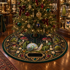 One tree skirt with an opalescent snail, jewel-tone toadstools, specimen cases, ferns and a blank gold plaque.