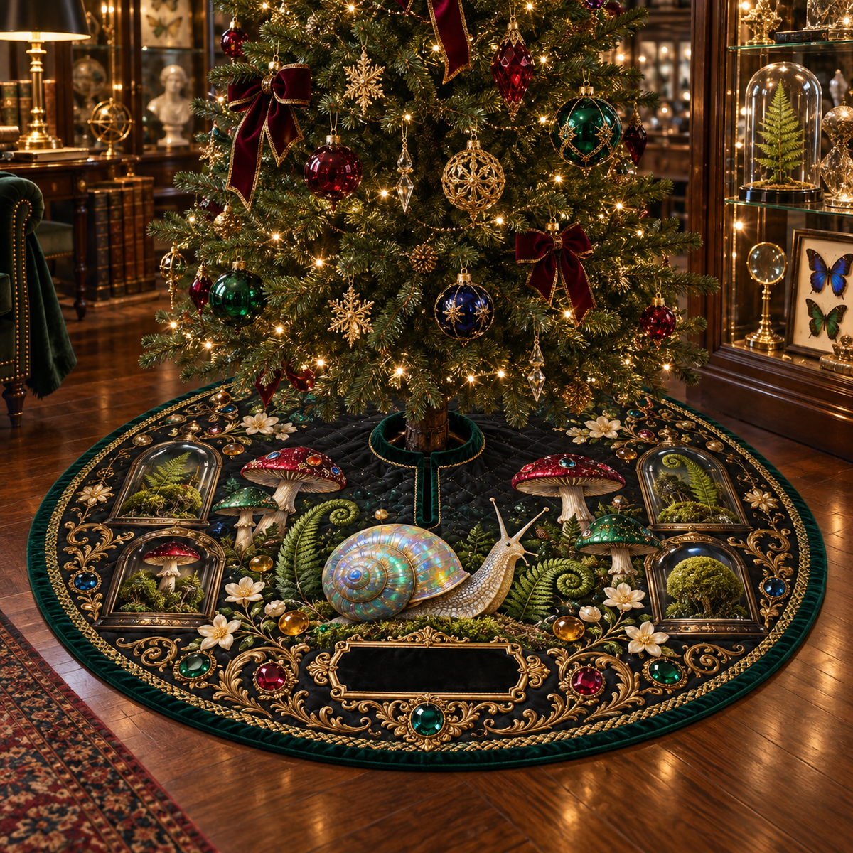 One tree skirt with an opalescent snail, jewel-tone toadstools, specimen cases, ferns and a blank gold plaque.