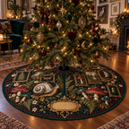 One tree skirt with an opalescent snail, framed jewel-tone toadstools, ferns and a blank gold cartouche.