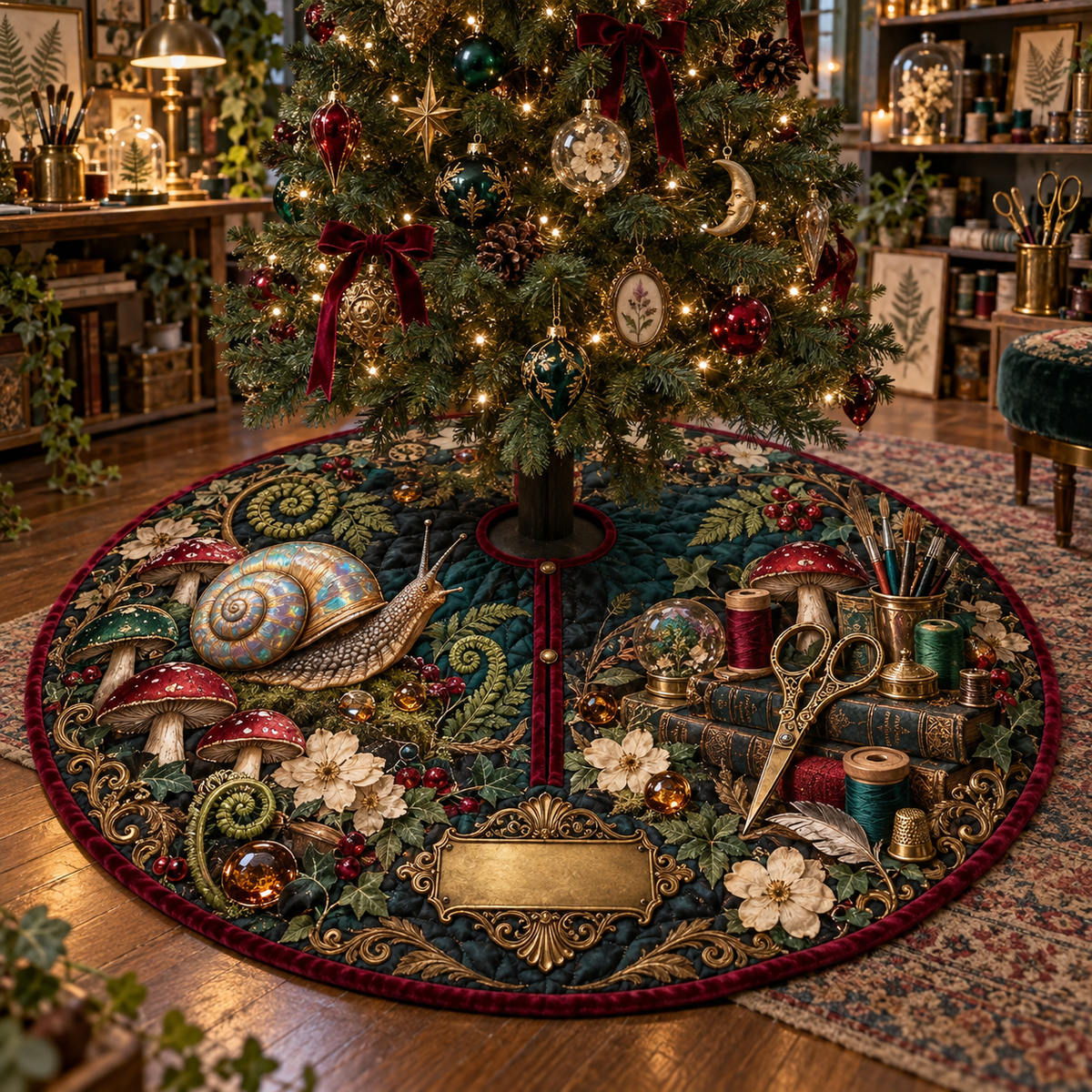 One tree skirt with an opalescent snail, jewel-tone toadstools, ferns, maker tools and a blank gold plaque.