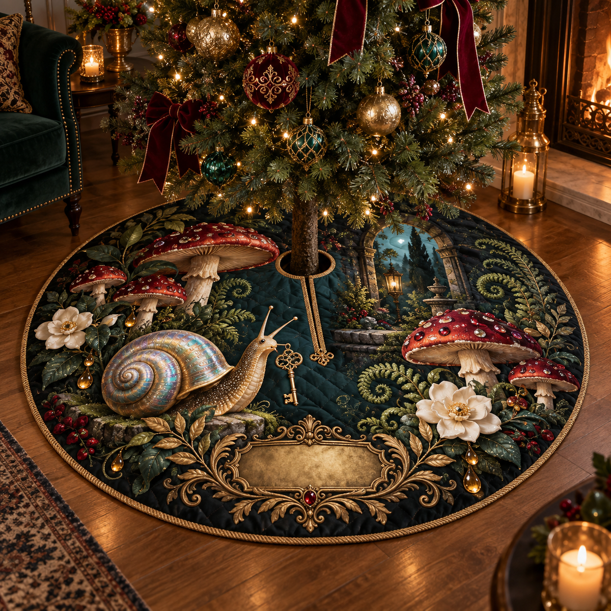 One tree skirt with an opalescent snail, golden key, jewel-tone toadstools, ivory gardenias and a blank gold plaque.