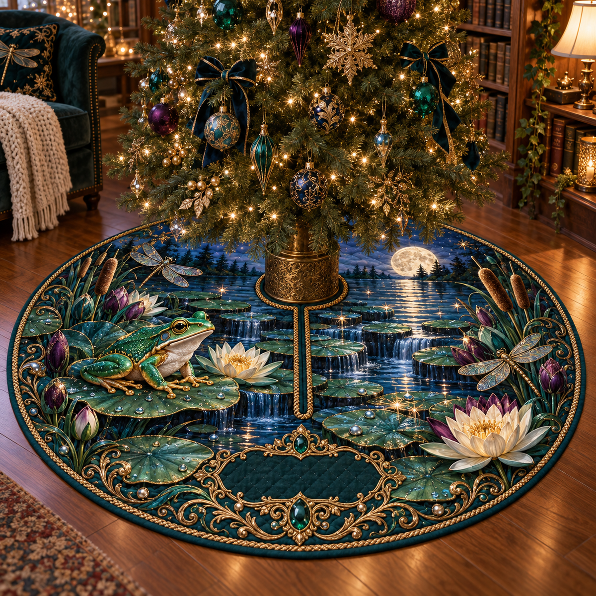 One tree skirt with an emerald frog, moonlit pond, luminous water lilies, dragonflies and a blank dark-teal plaque.