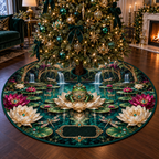 One tree skirt with an emerald frog, luminous lotus pedestal, turquoise cascading pond, jewel dragonflies and a blank black-green plaque.
