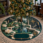 One tree skirt with a focused emerald frog, stepped lily-pad pond, white lotus, fine-line dragonflies, brass compass motifs, fountain-pen nibs, grid arches and a blank deep-teal plaque.